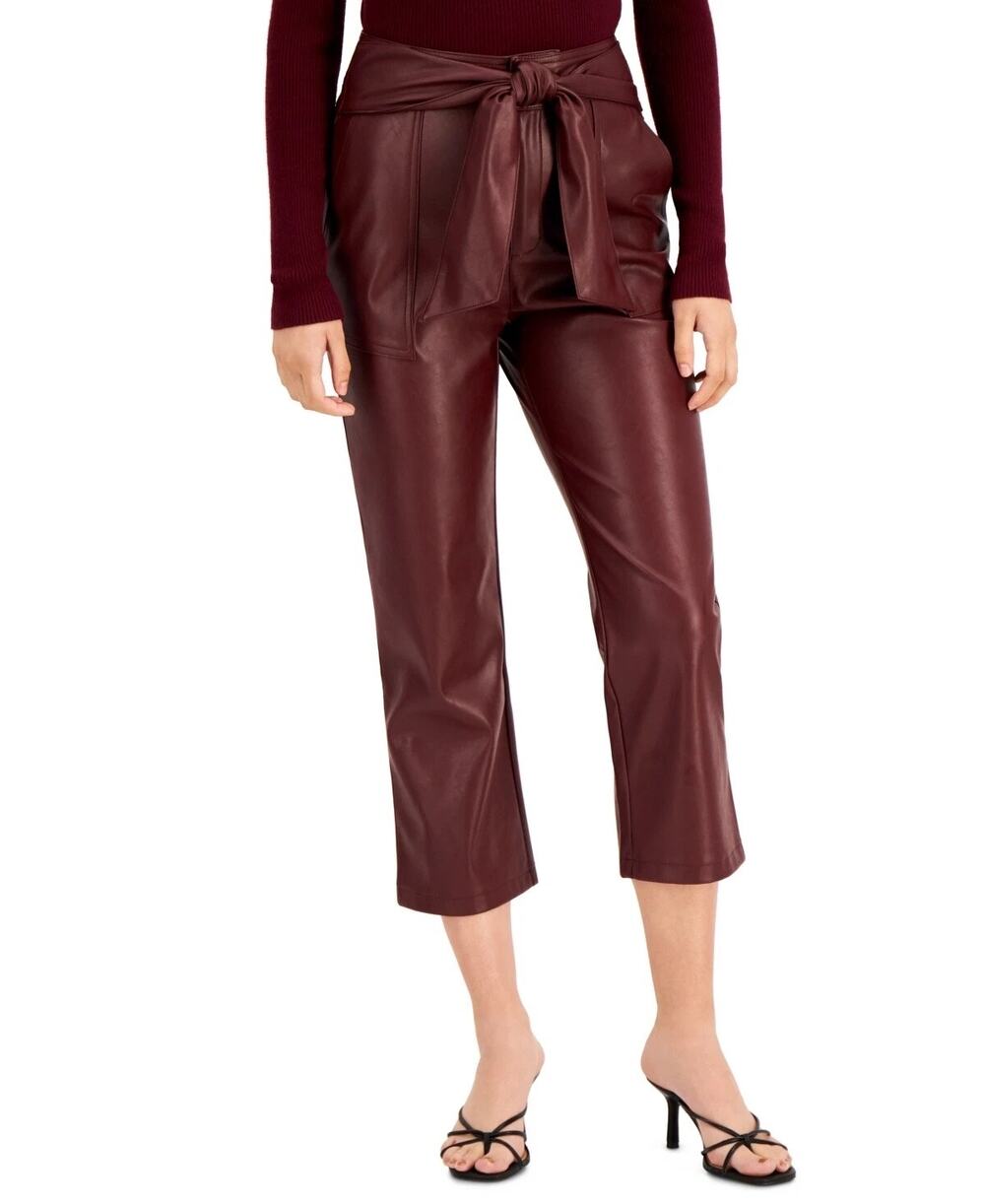 Lucy Paris Maroon Burgundy Faux Leather Cropped Bootcut High Waist Belted Pants